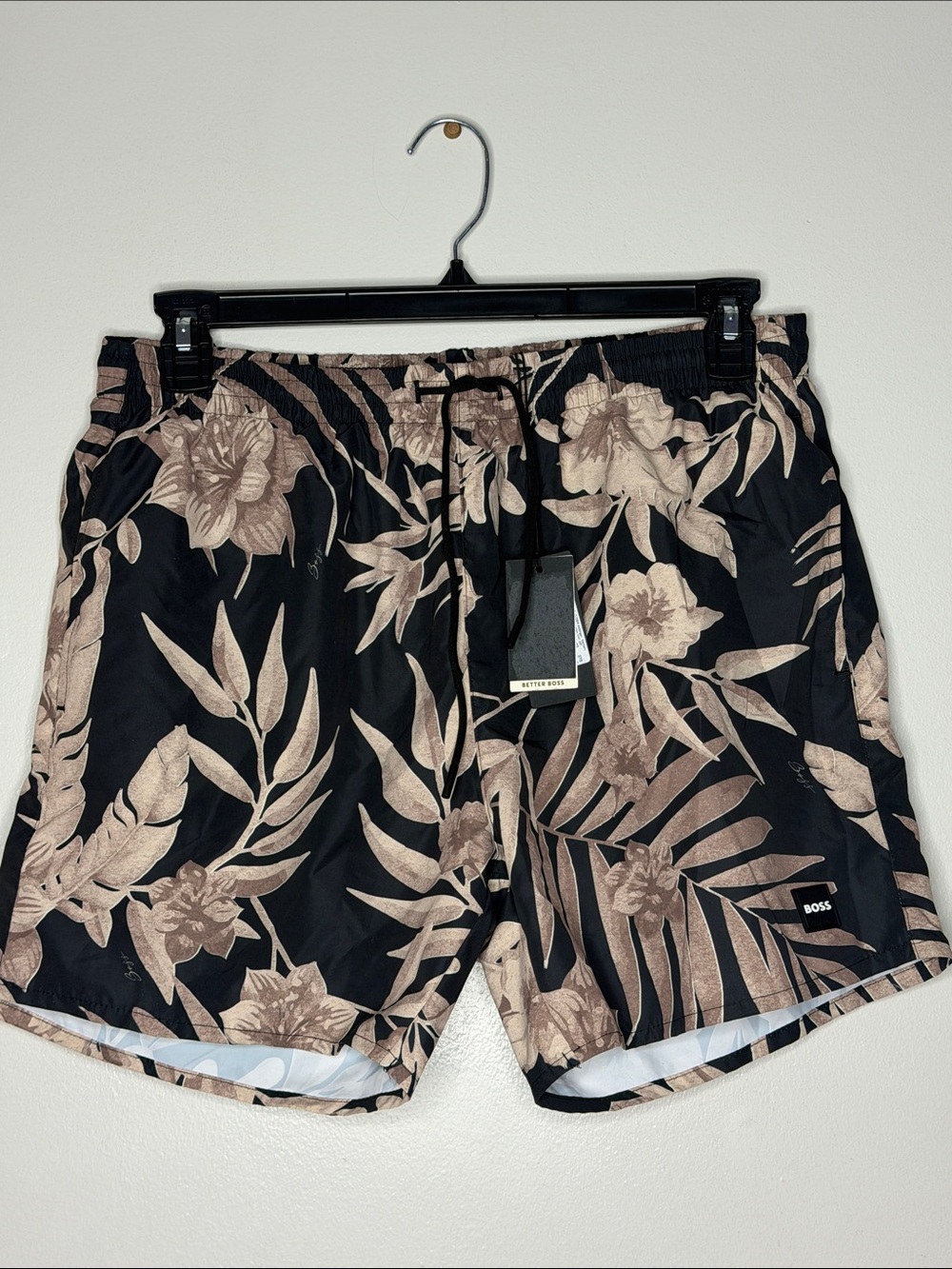 Boss Black Swim Trunks with Tan Floral Print